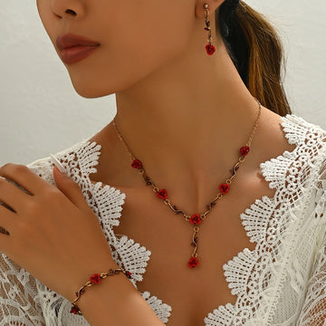 Romantic Red Rose Jewelry Trio – Handmade Electroplated Necklace, Bracelet & Earrings Set