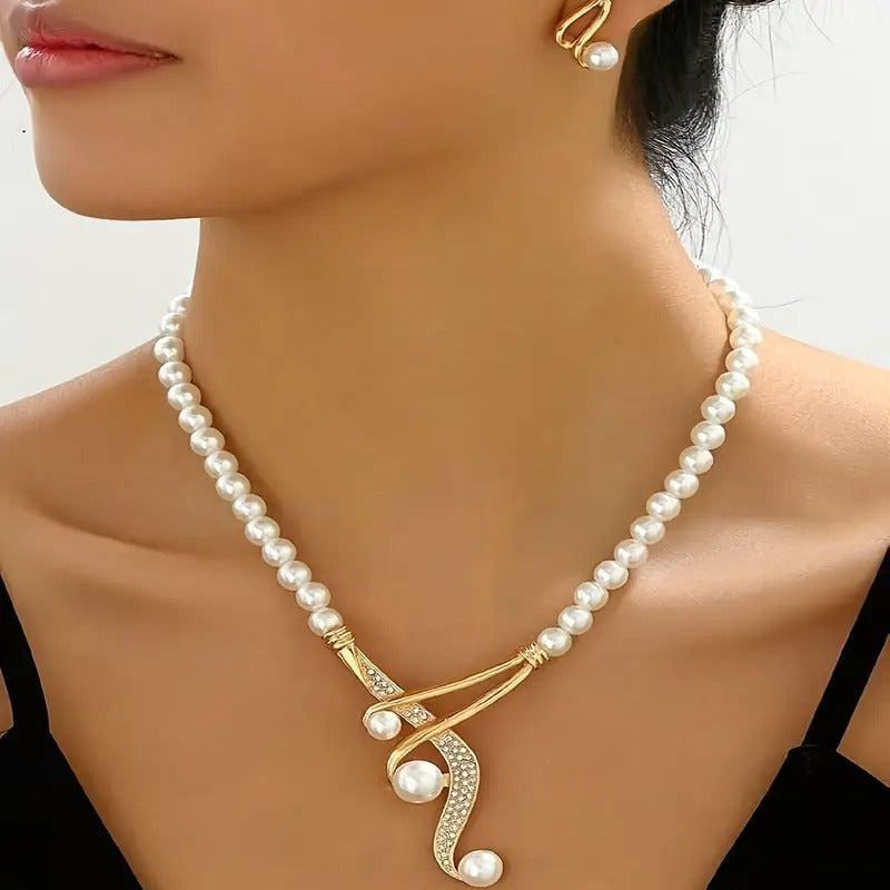 Sophisticated Faux Pearl Necklace & Earrings Set – Elegant Round Design