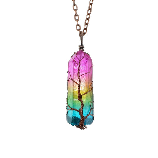 Rainbow Stone Crystal Pillar “Tree of Life” Pendant Necklace – Adjustable O‑Chain Copper Wire Design