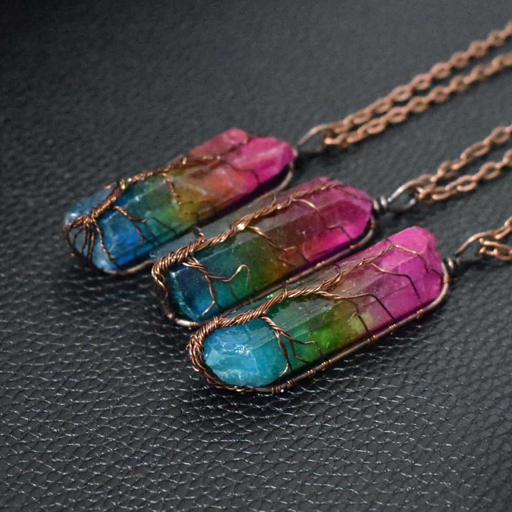 Rainbow Stone Crystal Pillar “Tree of Life” Pendant Necklace – Adjustable O‑Chain Copper Wire Design