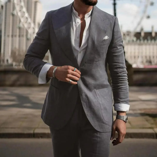 Men’s Slim Fit Linen Suit Set – 2-Piece Summer Blazer & Trousers