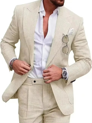 Men’s Slim Fit Linen Suit Set – 2-Piece Summer Blazer & Trousers