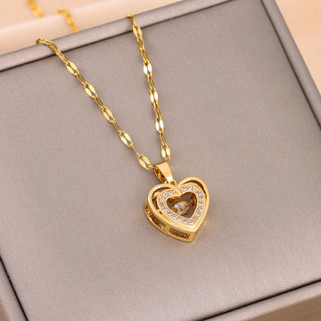 Double-Layer Love Necklace – Rhinestone Heart Pendant in Titanium Steel