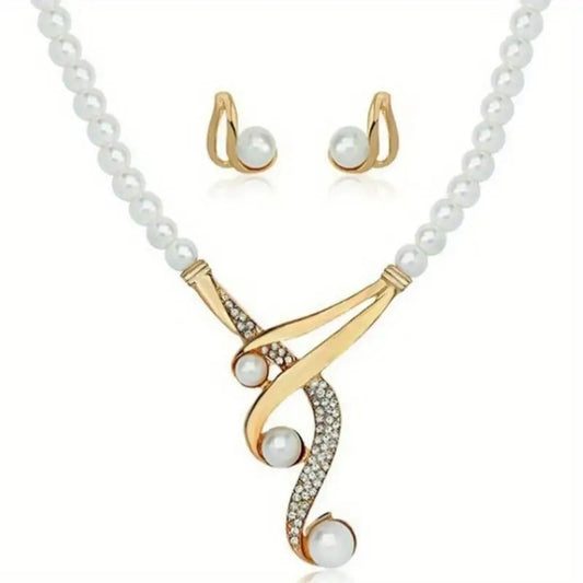 Sophisticated Faux Pearl Necklace & Earrings Set – Elegant Round Design