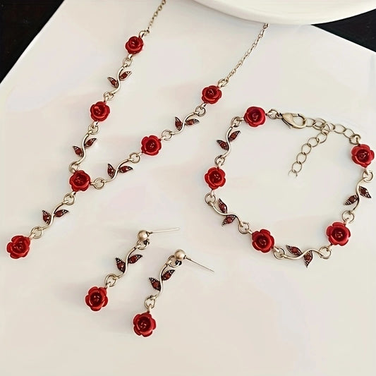 Romantic Red Rose Jewelry Trio – Handmade Electroplated Necklace, Bracelet & Earrings Set