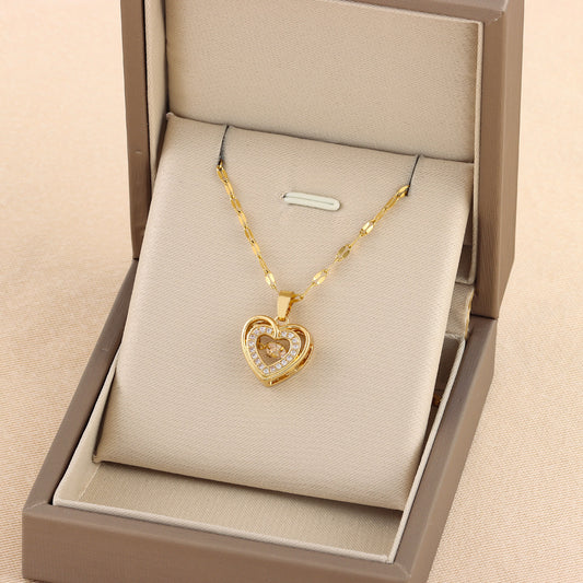 Double-Layer Love Necklace – Rhinestone Heart Pendant in Titanium Steel